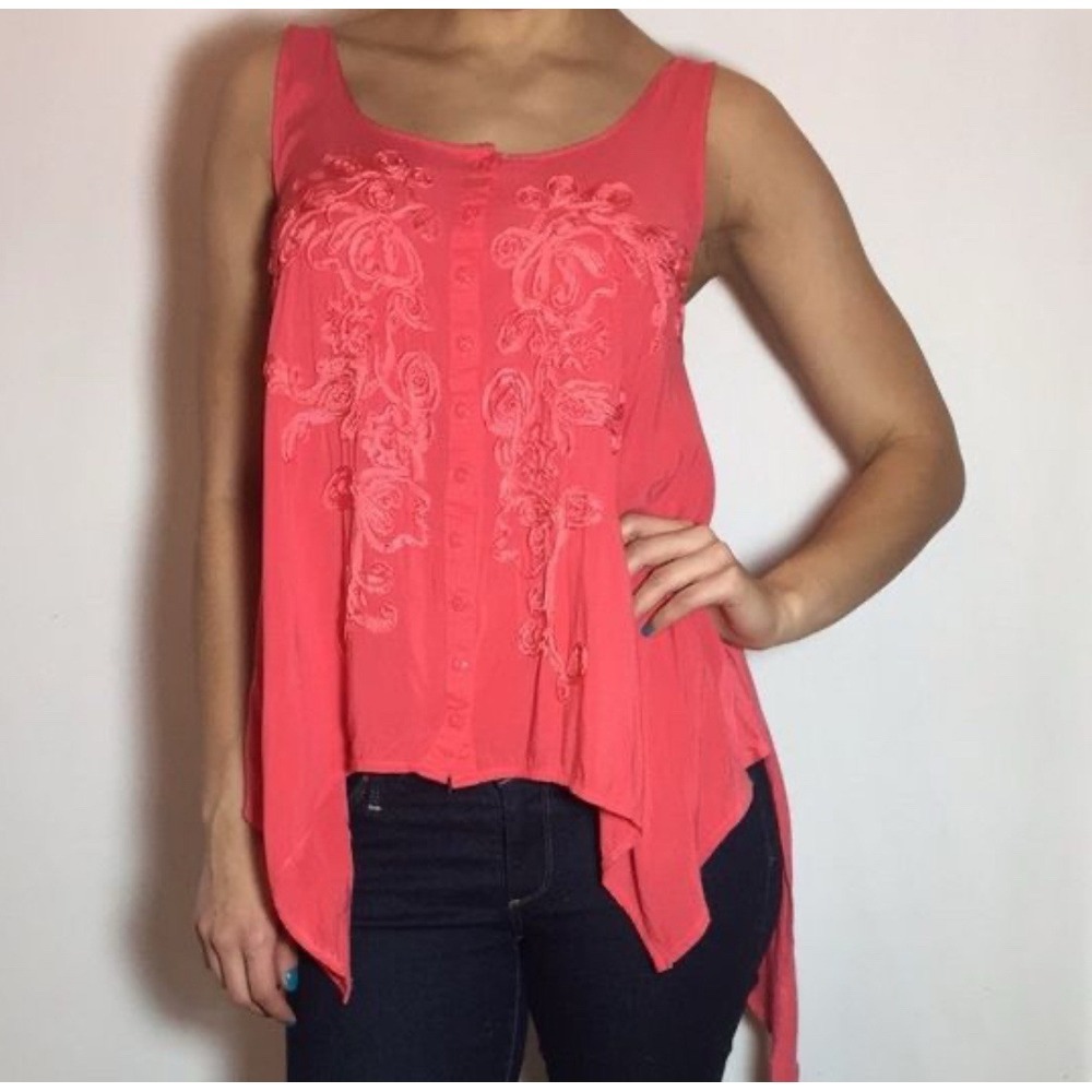 Free People Tunic Tank‎ Top XS Coral Button Front Asymmetric Appliqué Lagenlook